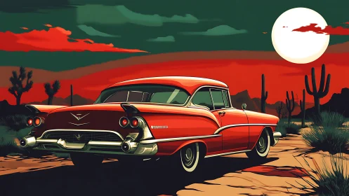 Retro digital painting of classic car in stylized desert sunset.