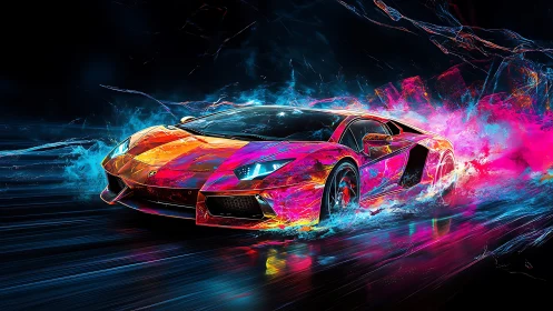 Neon night racer splashing through electric color waves.