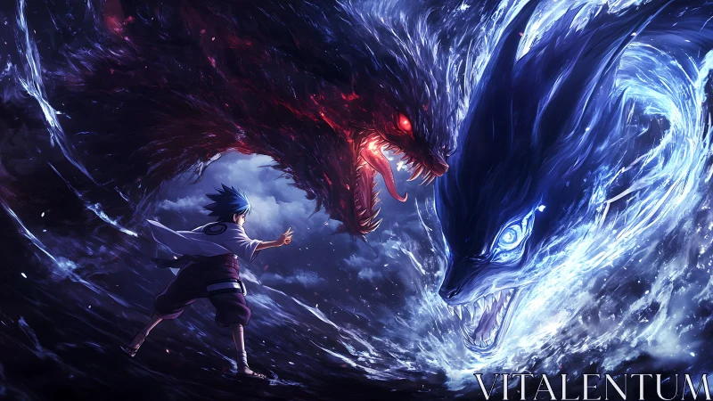 Anime elemental clash with dual spectral beasts in vortex composition.