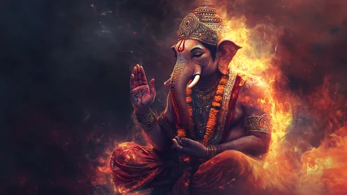Fiery Ganesha meditates in swirling cosmic flames of power.