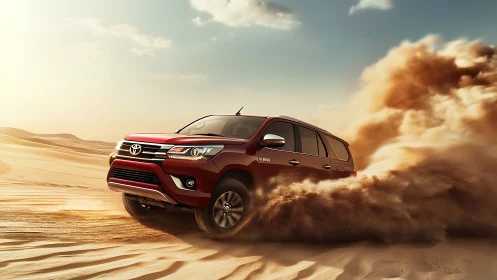 Crimson desert SUV carving sunlit dunes in a dust storm.