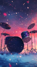 Drum kit under glowing cosmic sky on misty stage.