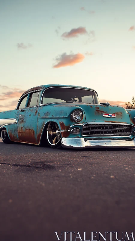 Rustic teal lowrider classic car under soft sunset sky.