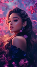 Digital portrait of woman among pink petals and bokeh.