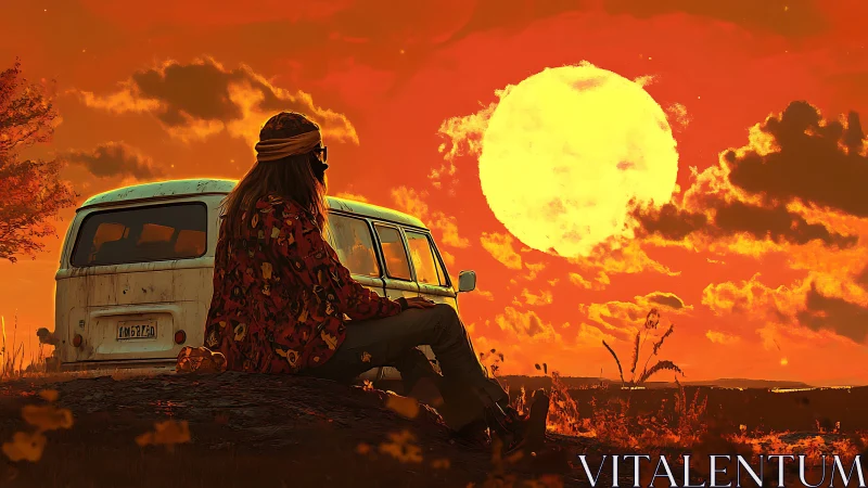 Hippie traveler resting by vintage van at oversized neon sunset