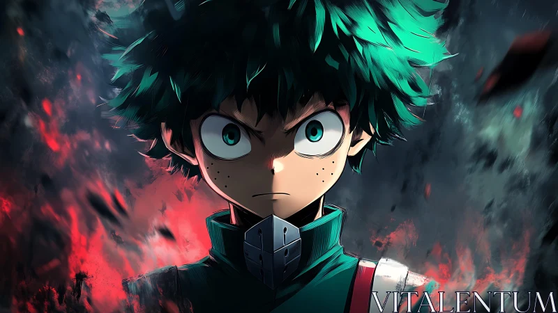 Intense green-haired anime hero amid blazing abstract storm.