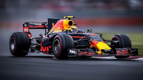 Formula race car on track with Red Bull livery in motion.
