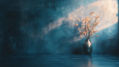 Soft light on minimalist vase and blossoms in teal room.