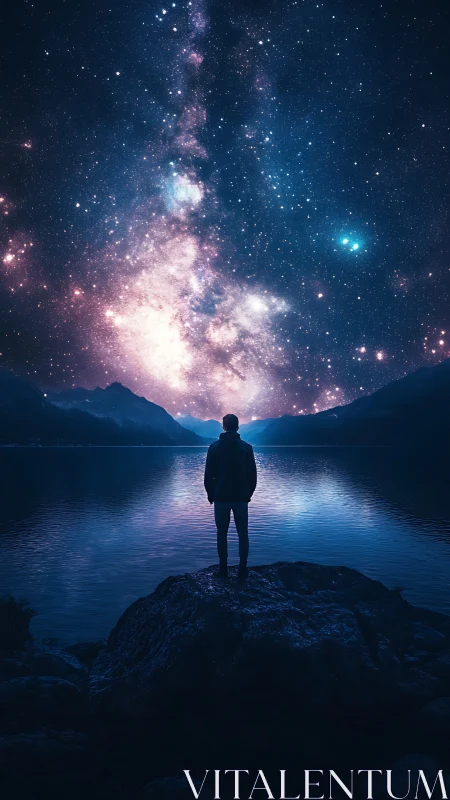Stargazer beside a quiet lake under a glowing Milky Way sky.