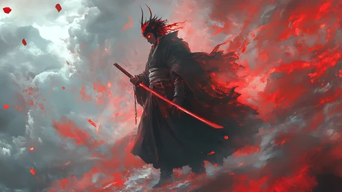 Storm‑crowned demon samurai walks a bleeding horizon sky.