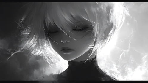 Monochrome android portrait in high-key volumetric lighting.