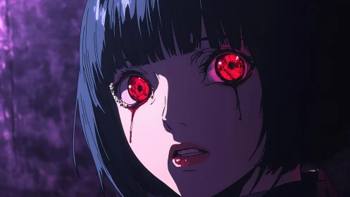 Girl with glowing red eyes stares forward in dark scene