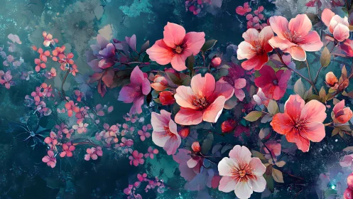 Digital Floral Composition with Layered Pink and Coral Blooms.