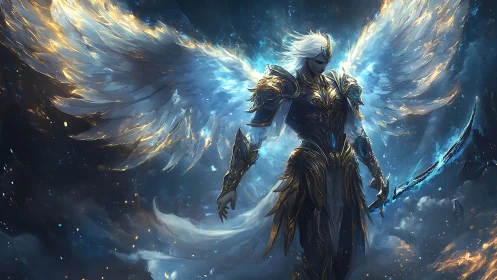 Celestial warrior angel descends with blazing crystal wings.