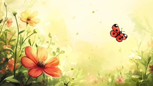 Sunlit Garden Composition with Ladybug Exploring Vibrant Floral Scene.