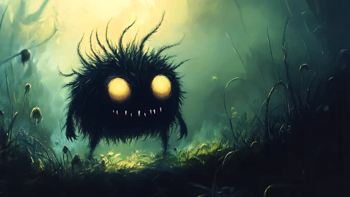 Nocturnal forest creature with glowing eyes and fanged grin.