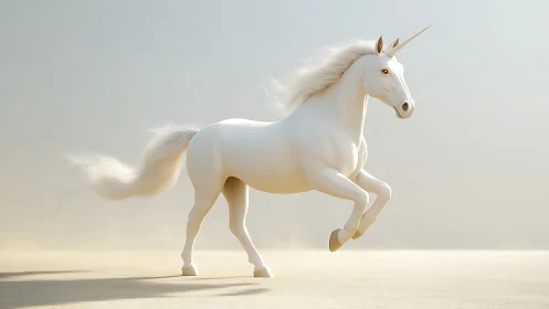 White unicorn galloping across soft, sunlit plain.