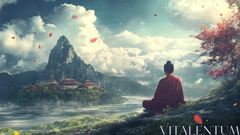 Monk contemplates misty mountain temples at sunrise.