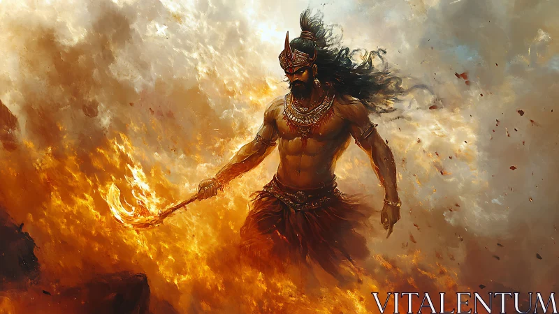 Fireborne warrior strides through swirling mythic flames.