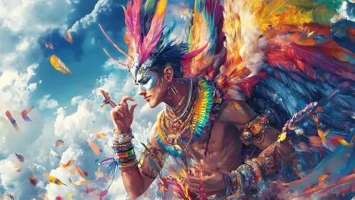 Winged shaman prince rises in radiant sky of swirling color.