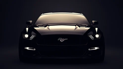 Midnight muscle car frontal silhouette in gloss black studio.