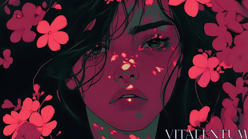 Digital portrait of pensive woman with neon floral bokeh lighting