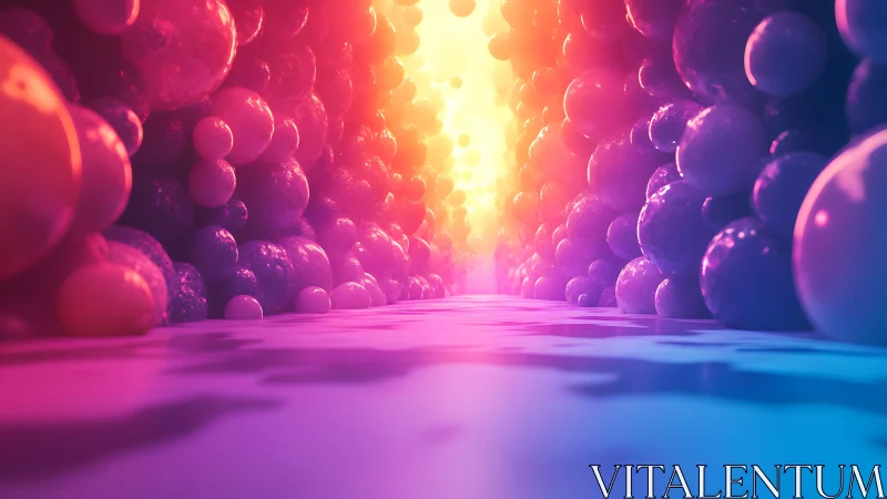 Vibrant Abstract Corridor of Spheres With Neon Lighting Effects.