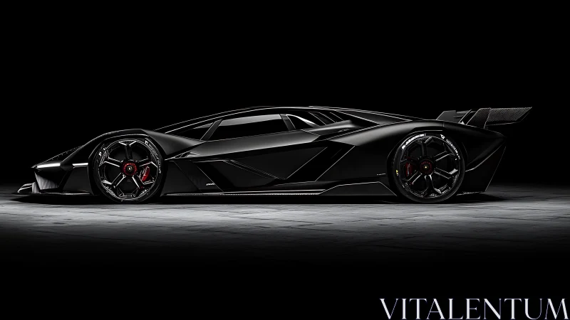 Matte black low-profile supercar in side view profile.