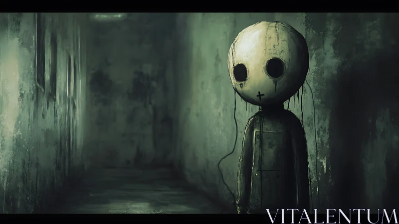 Quiet doll-like figure waits softly in a shadowed hallway