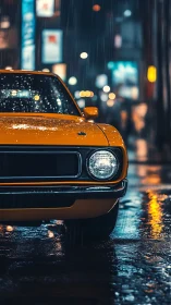 Golden classic car glowing softly in a rainy night street.