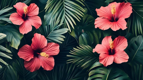 Four pink hibiscus flowers with yellow stamens surrounded by tropical palm fronds