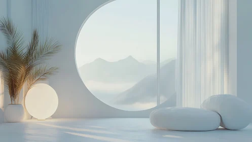 Serene Modern Interior with Mountain View Through Round Window.