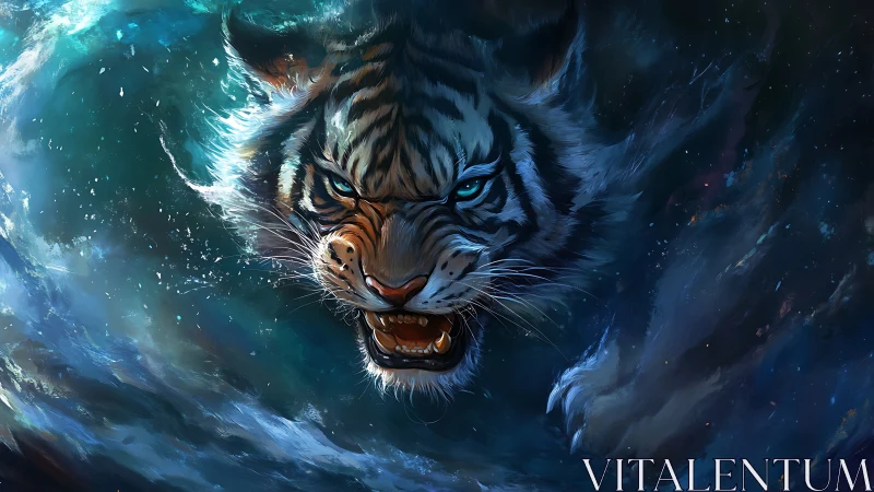 Cosmic water tiger lunging through swirling starlit waves.