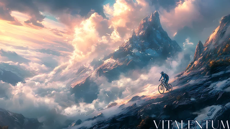 High-altitude cyclist traversing luminous alpine cloud ridge.