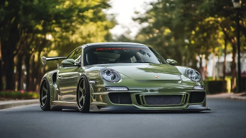 Olive green Porsche sports car sits low on empty street