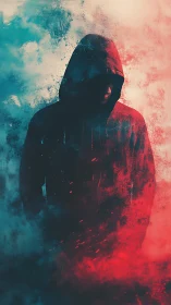 Hooded figure silhouette bisected by cyan-red atmospheric gradients