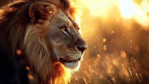 Golden hour lion profile with glowing backlit mane.