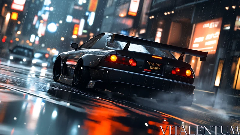 Cyberpunk street racer in neon-soaked nocturnal downpour.