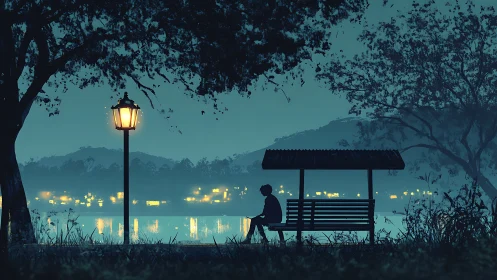 Solitary figure waits under lamplight beside glowing lake