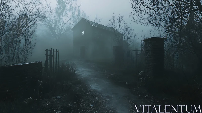 Foggy path leading to abandoned house with bare trees.