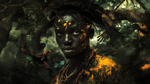 Mystical forest portrait merges human spirit with wild nature