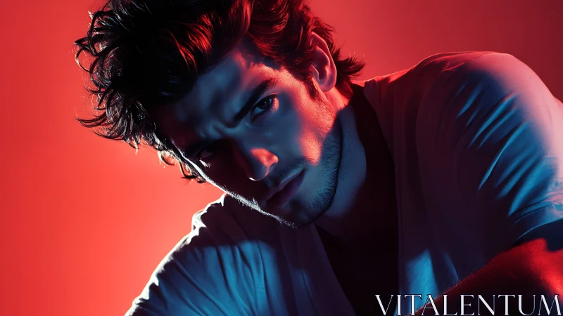 Moody male portrait in cinematic red blue split lighting.
