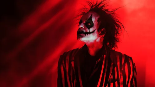 Sinister clown in striped jacket under intense red lighting