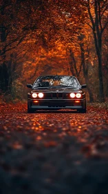 Classic black car glows under fiery autumn forest canopy.