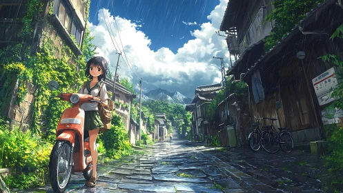Girl with scooter stands in wet alley under rain and clouds