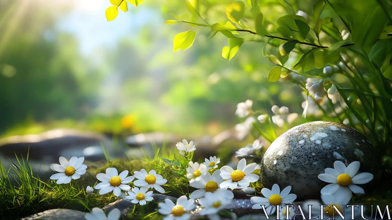 Stone egg and white daisies on sunlit forest floor.