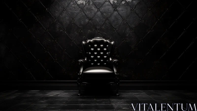 Photorealistic black leather throne in dramatic low key lighting.