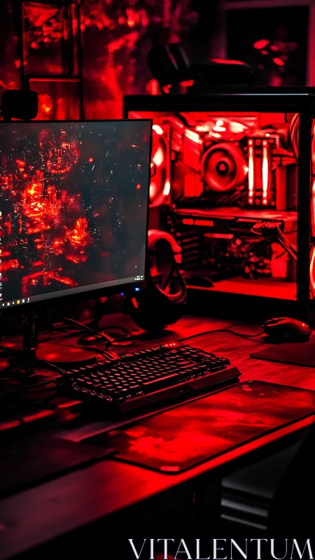 Desktop gaming workstation is illuminated by red LED lighting