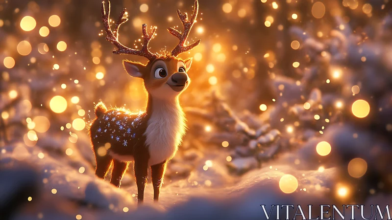 Snowy forest reindeer glowing with cozy winter magic.
