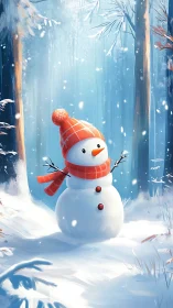 Snow figure with orange attire in a vertical winter forest scene.